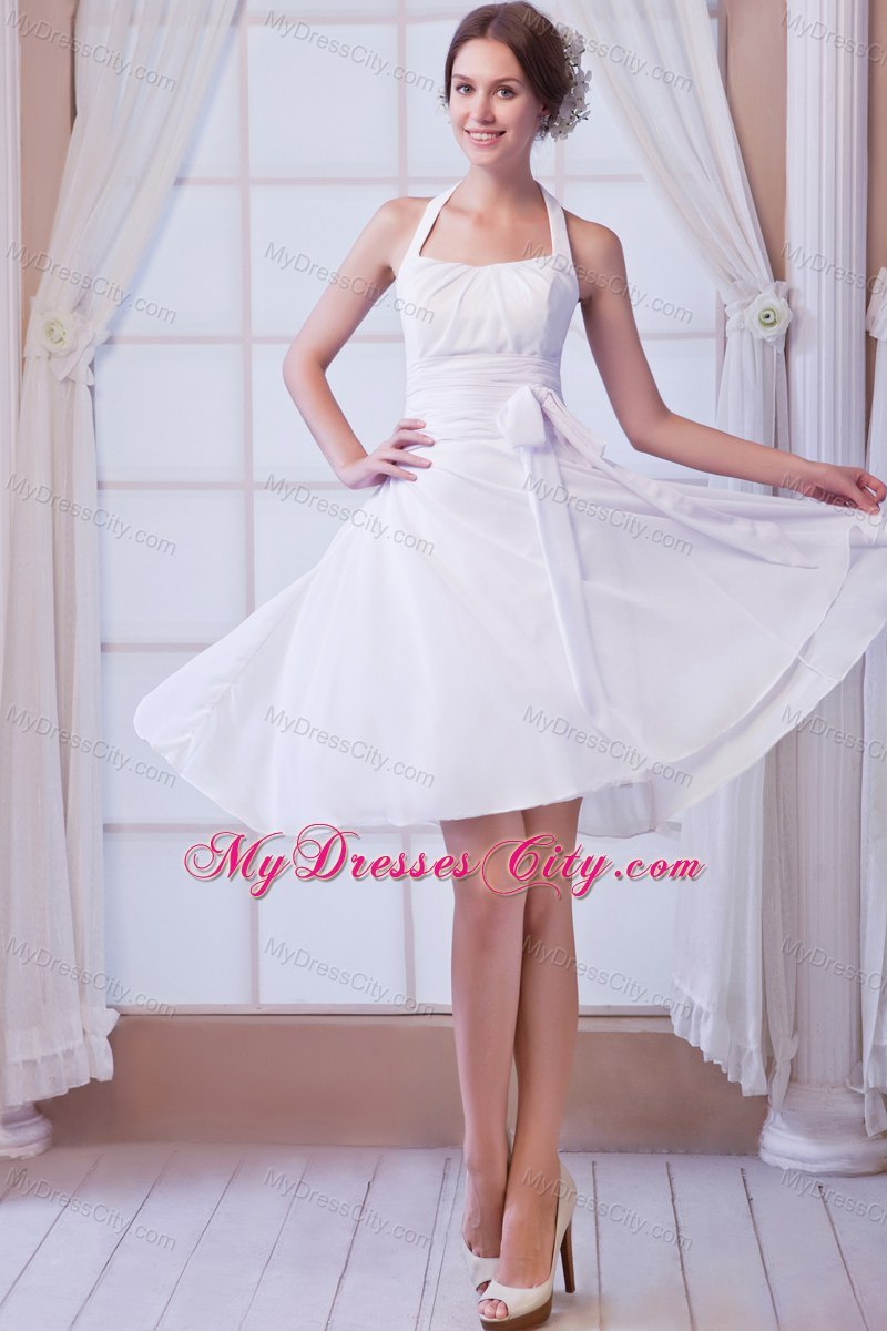 White Halter Chiffon Ruches and Sash 2013 Short Bridal Dress