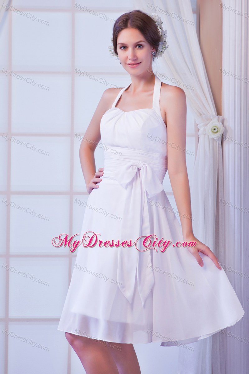 White Halter Chiffon Ruches and Sash 2013 Short Bridal Dress