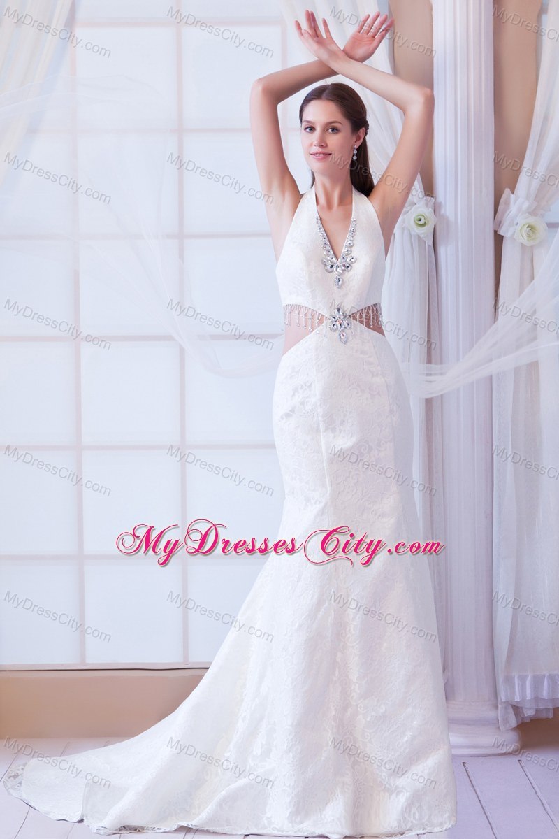 Halter Watteau Train 2013 Lace Wedding Dress with Side Cut Out