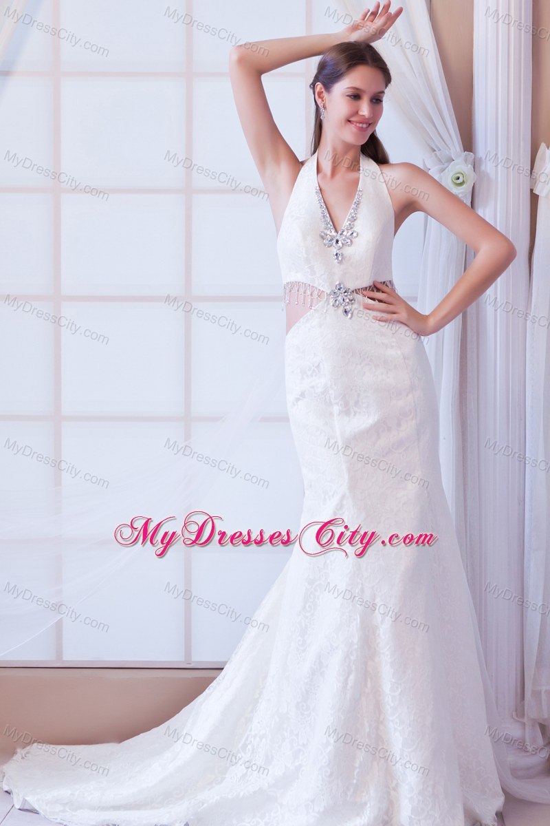 Halter Watteau Train 2013 Lace Wedding Dress with Side Cut Out