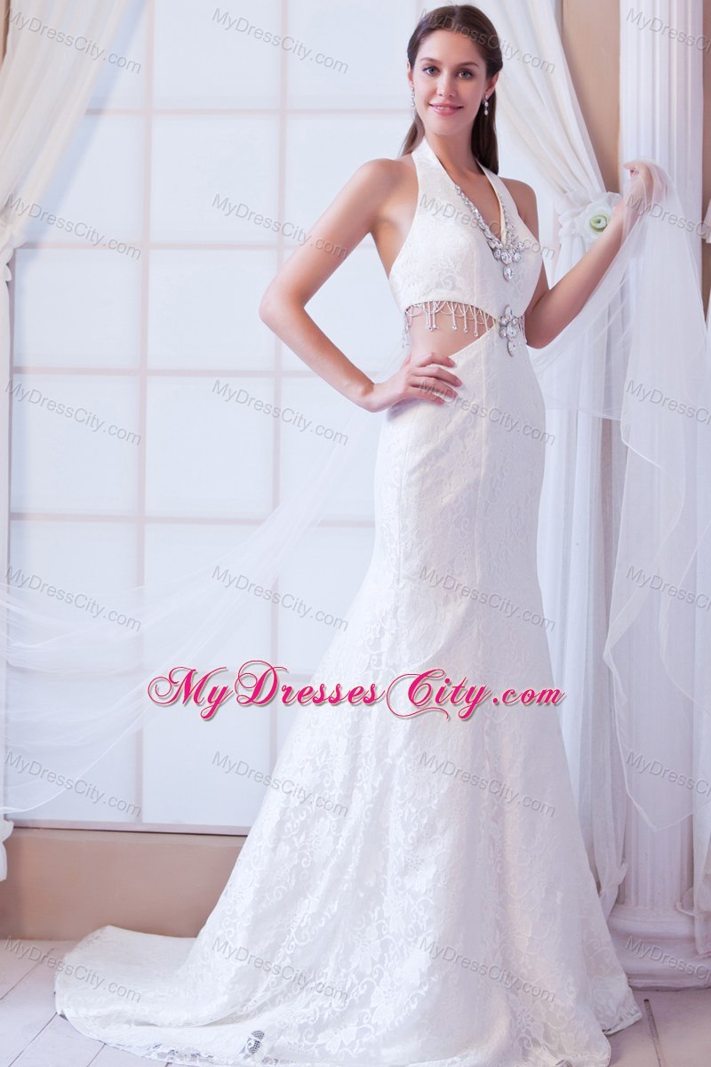 Halter Watteau Train 2013 Lace Wedding Dress with Side Cut Out