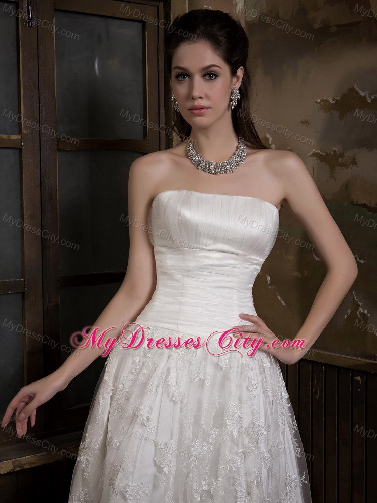 Cute A-line Strapless Knee-length Satin and Lace Wedding Dress