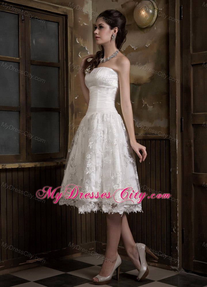 Cute A-line Strapless Knee-length Satin and Lace Wedding Dress