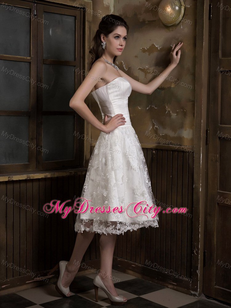 Cute A-line Strapless Knee-length Satin and Lace Wedding Dress