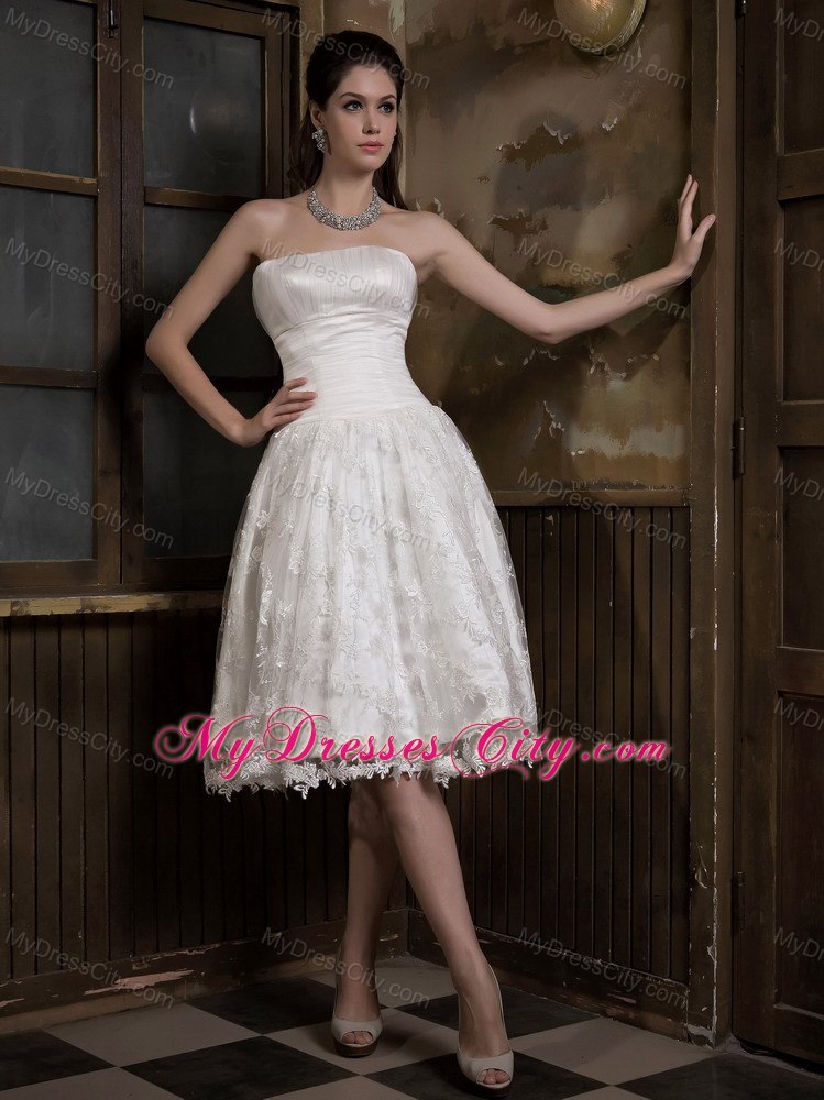 Cute A-line Strapless Knee-length Satin and Lace Wedding Dress