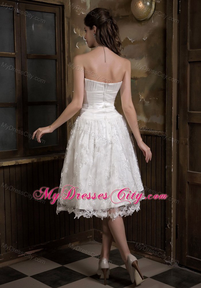 Cute A-line Strapless Knee-length Satin and Lace Wedding Dress