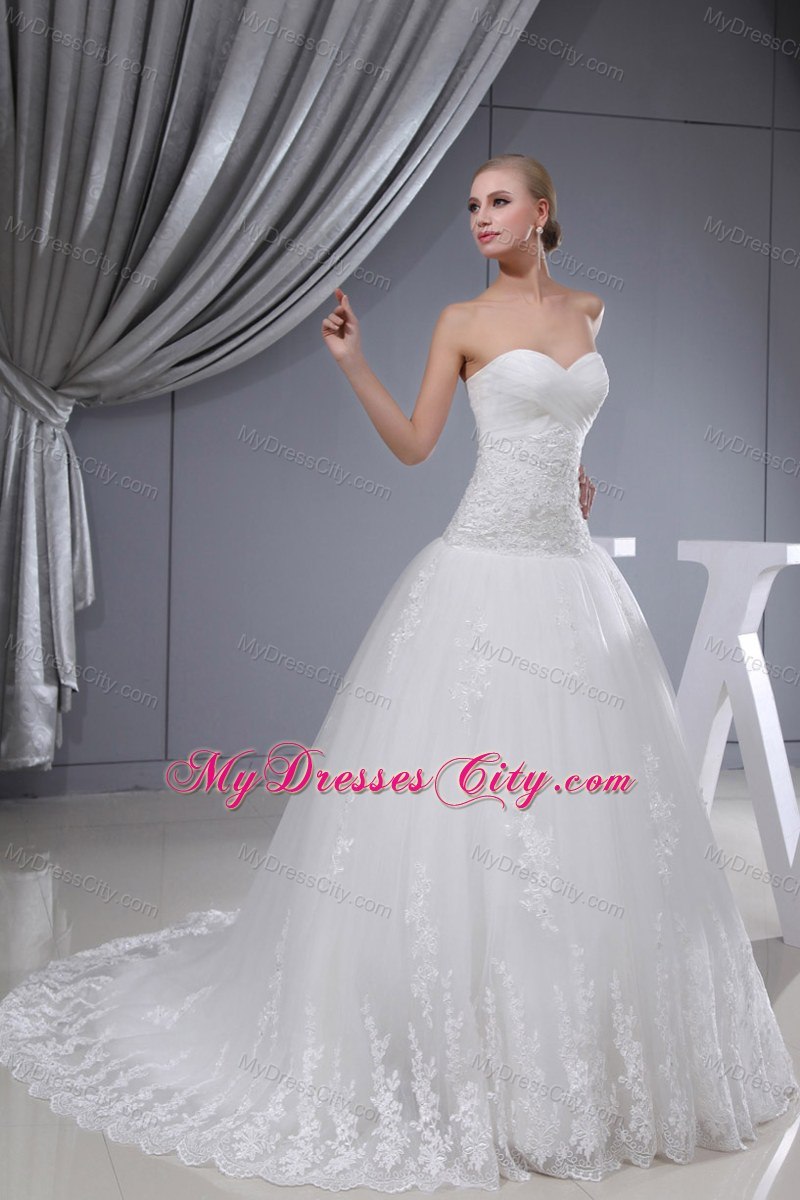 Lace Ruches Sweetheart Chapel Train 2013 Wedding Dress