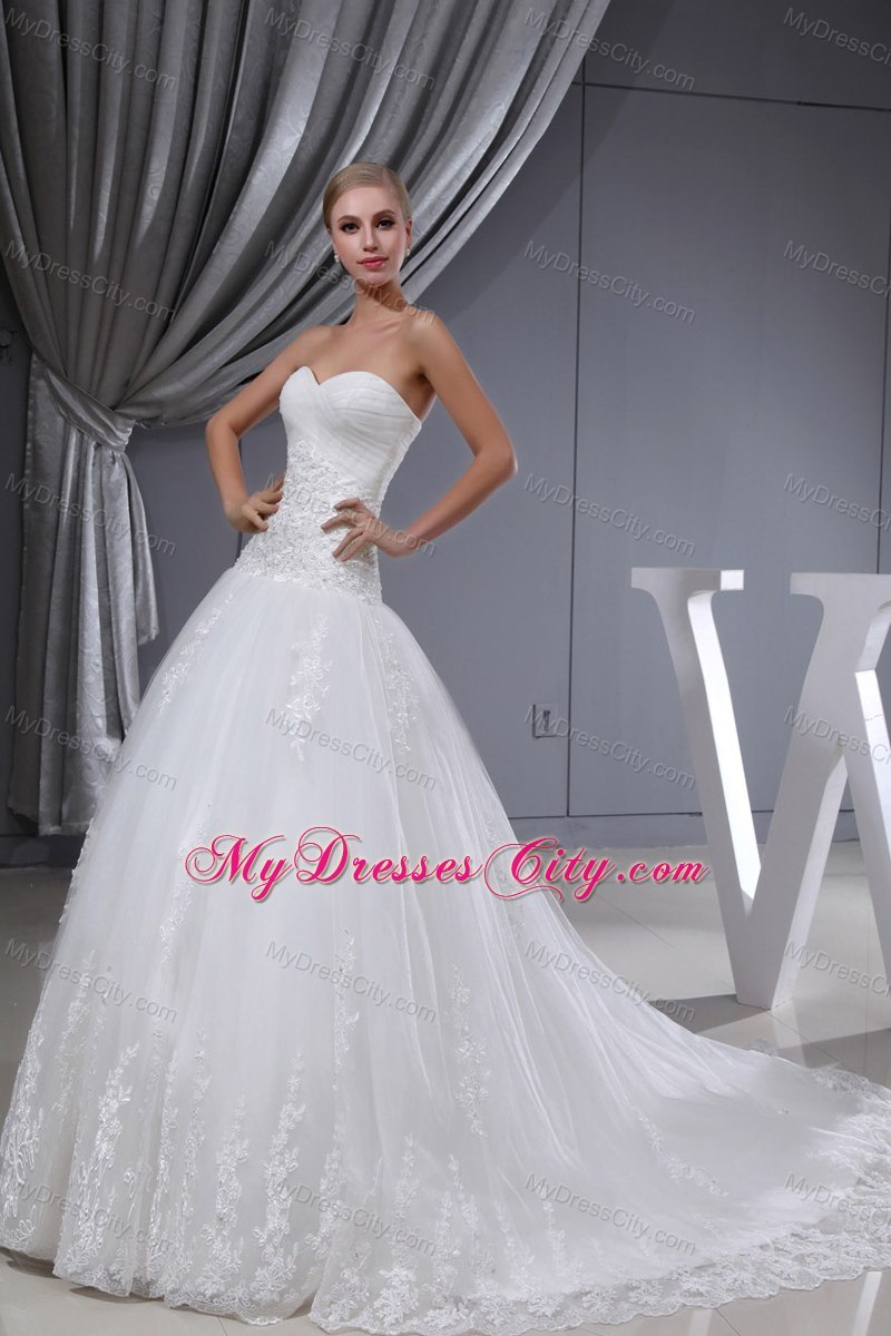 Lace Ruches Sweetheart Chapel Train 2013 Wedding Dress