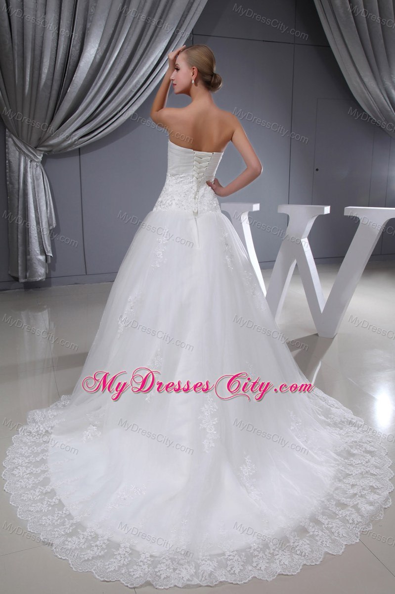 Lace Ruches Sweetheart Chapel Train 2013 Wedding Dress