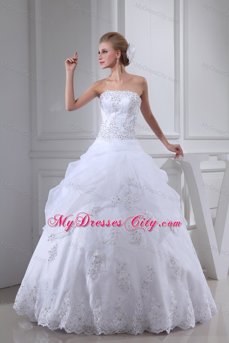 Appliques Beading Strapless Ball Gown Pick-ups Wedding Dress