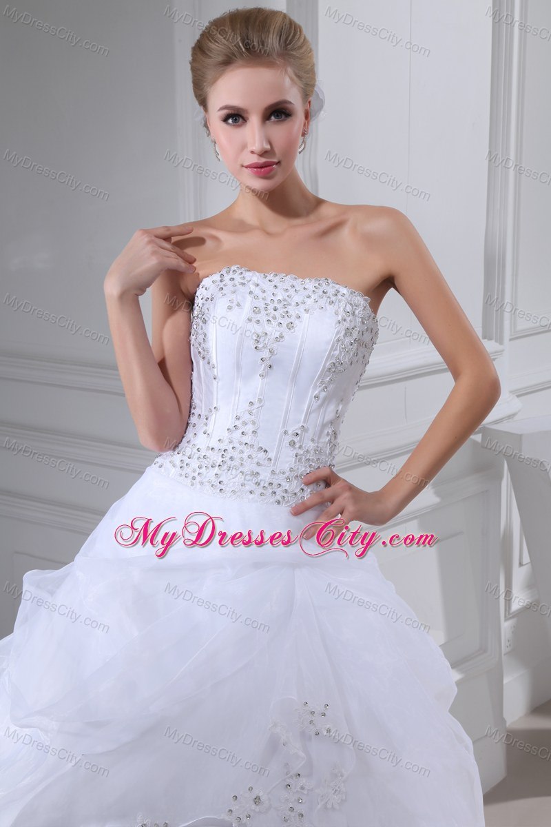 Appliques Beading Strapless Ball Gown Pick-ups Wedding Dress