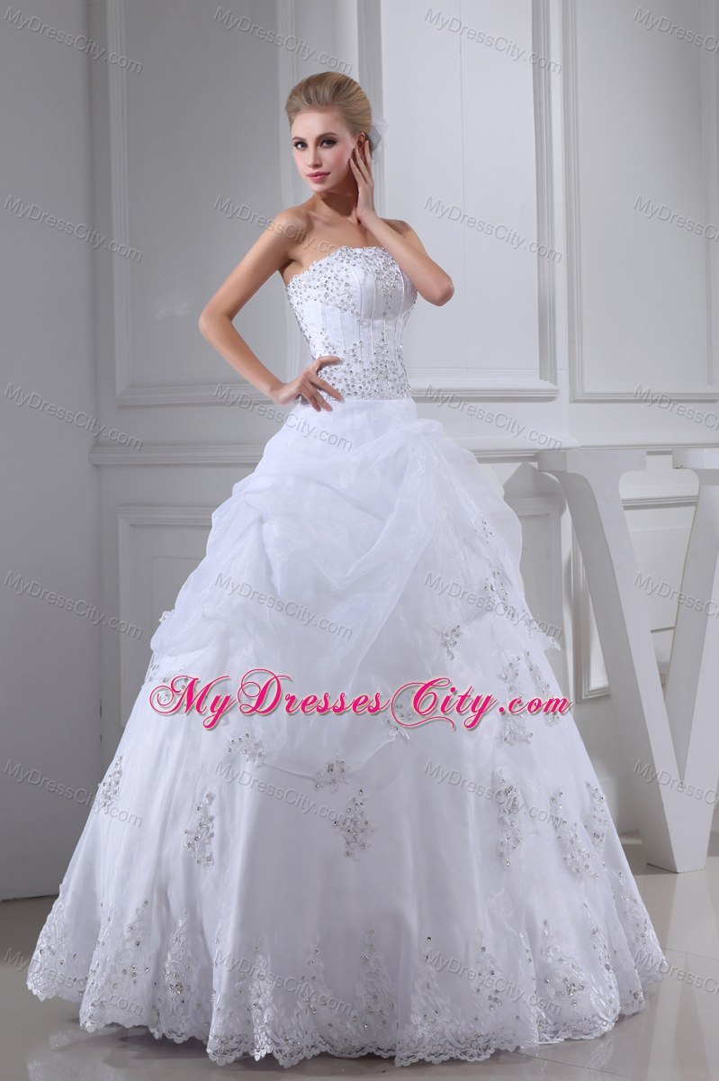 Appliques Beading Strapless Ball Gown Pick-ups Wedding Dress