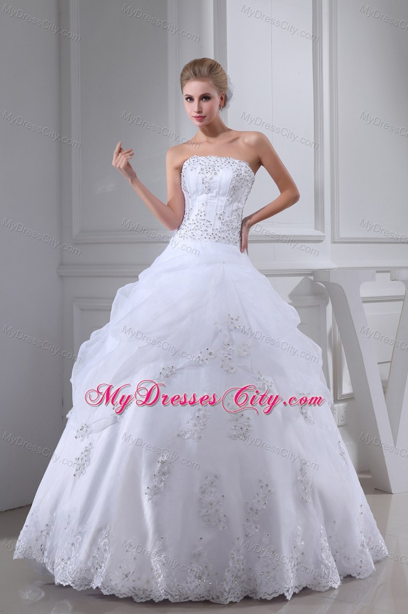 Appliques Beading Strapless Ball Gown Pick-ups Wedding Dress