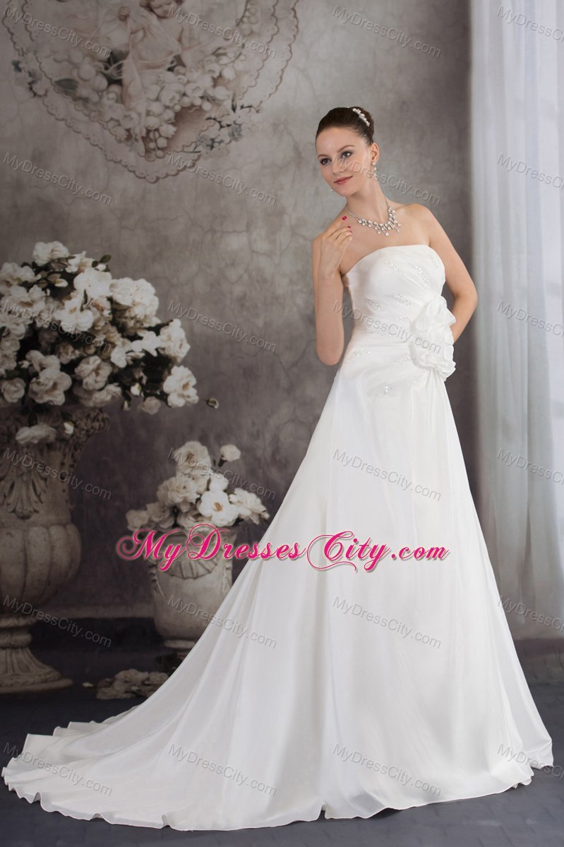 Strapless Flowers and Beading Wedding Gowns with Court Train