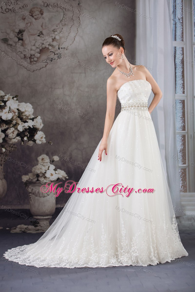 A-line Strapless Beading Belt Lace Wedding Dress for Cheap