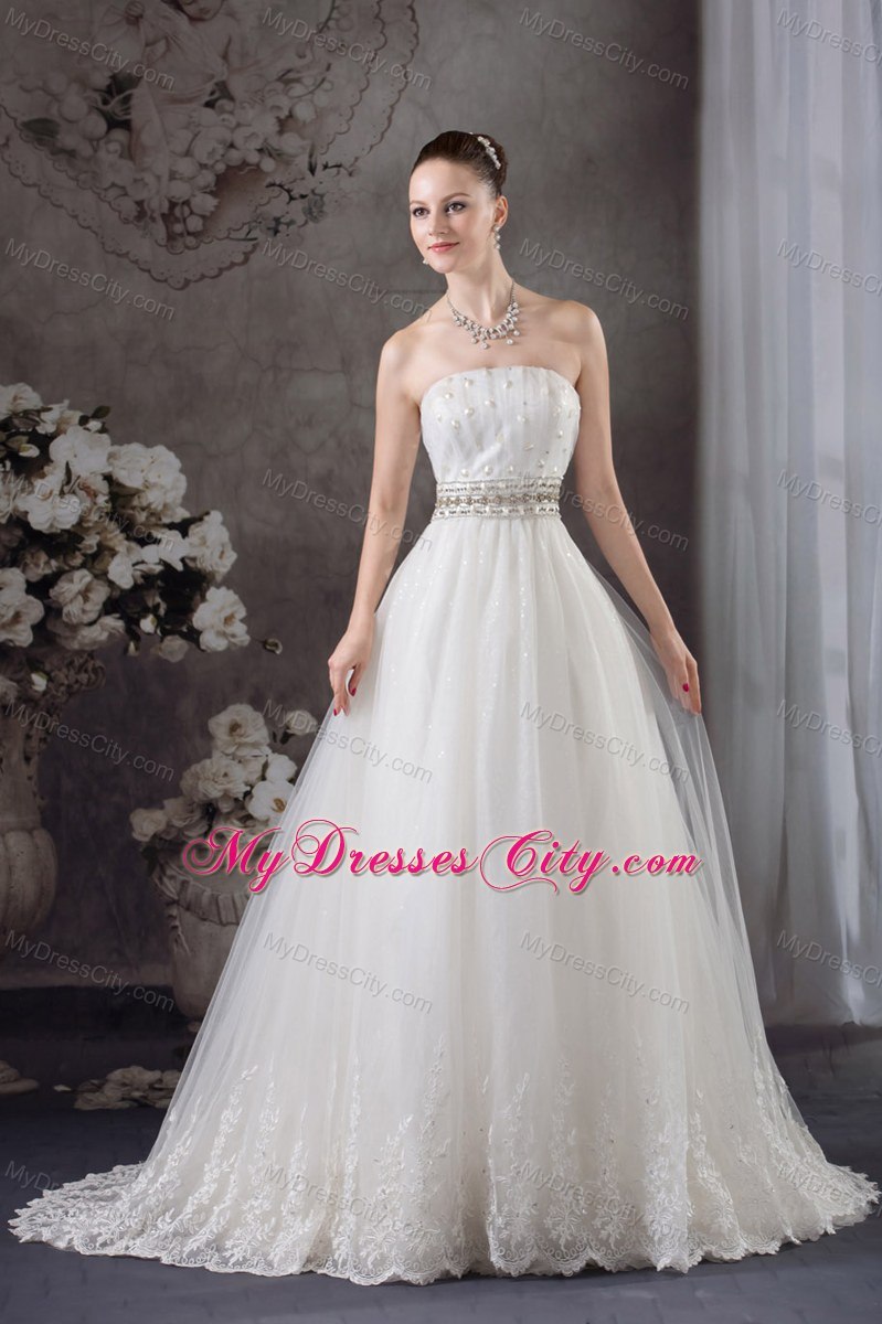 A-line Strapless Beading Belt Lace Wedding Dress for Cheap