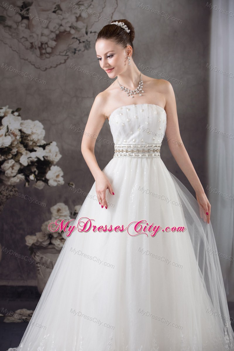 A-line Strapless Beading Belt Lace Wedding Dress for Cheap