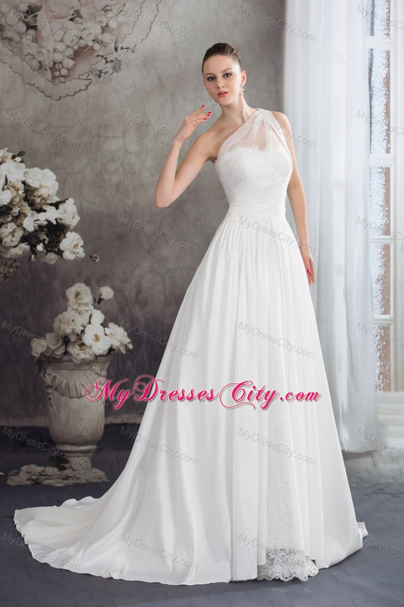 Simple One Shoulder Ruches Lace Court Train Wedding Dress