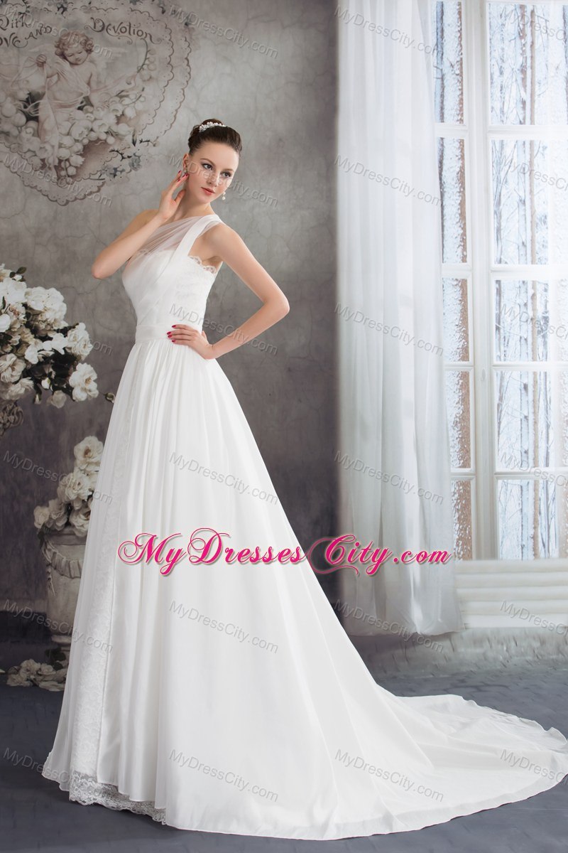 Simple One Shoulder Ruches Lace Court Train Wedding Dress