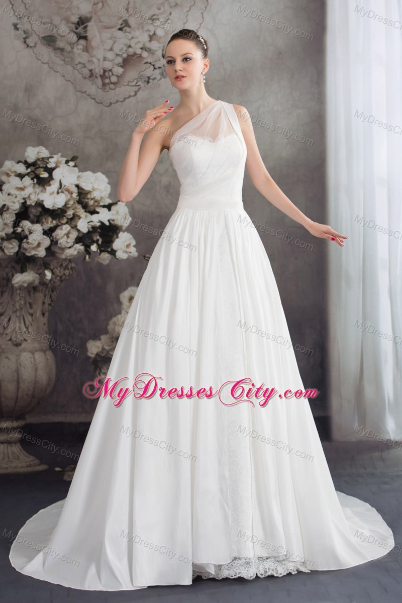 Simple One Shoulder Ruches Lace Court Train Wedding Dress