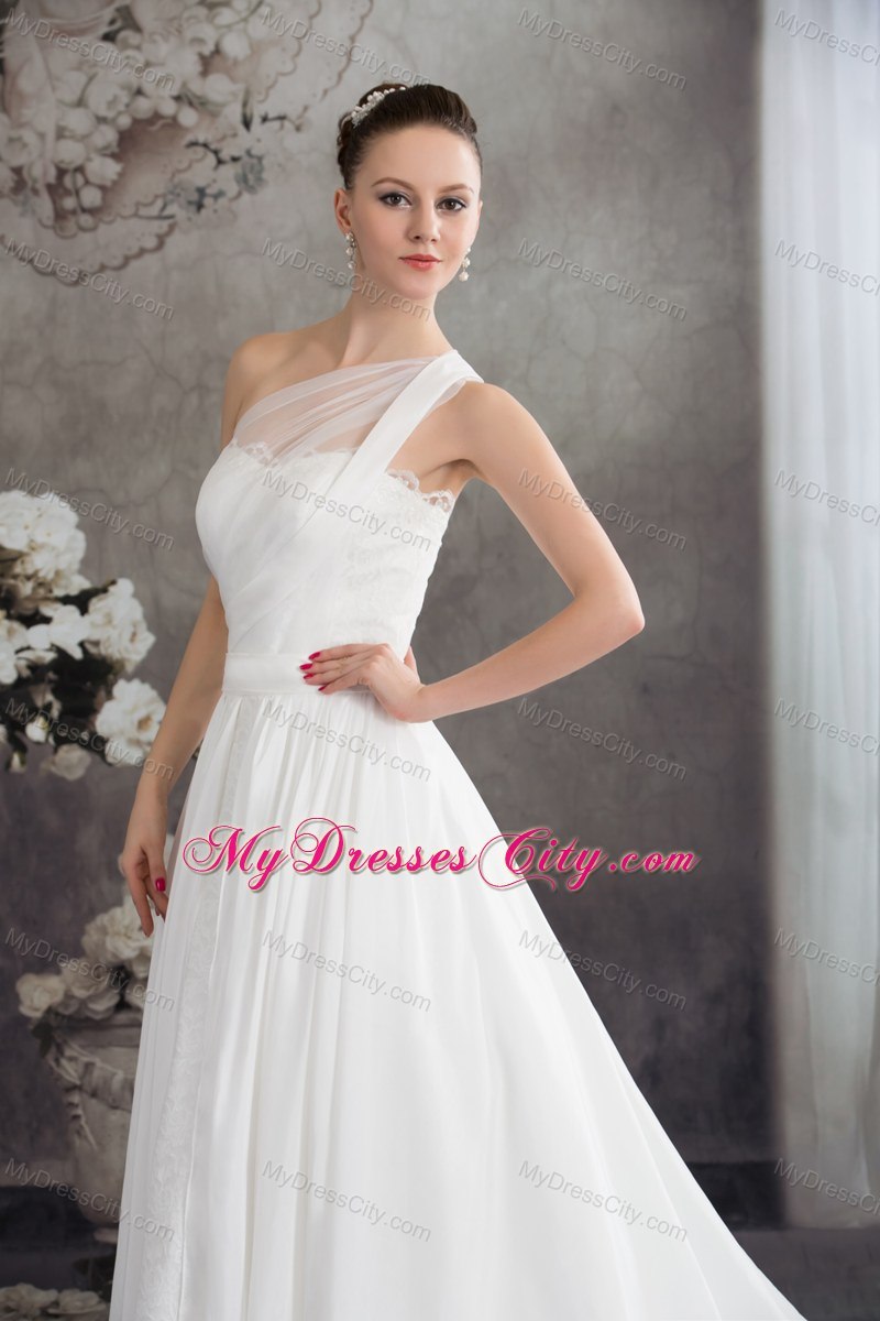 Simple One Shoulder Ruches Lace Court Train Wedding Dress