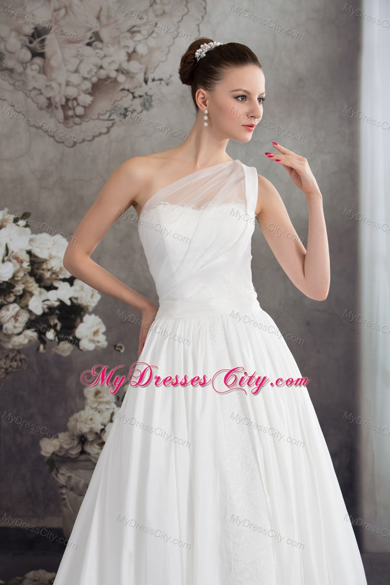 Simple One Shoulder Ruches Lace Court Train Wedding Dress