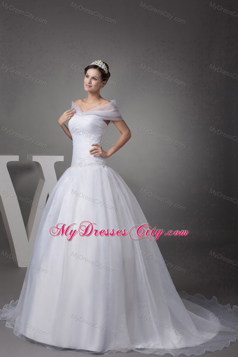 Off The Shoulder Court Train Appliques Ball Gown Wedding Dress