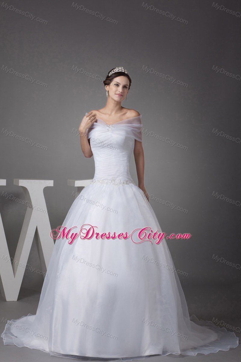 Off The Shoulder Court Train Appliques Ball Gown Wedding Dress