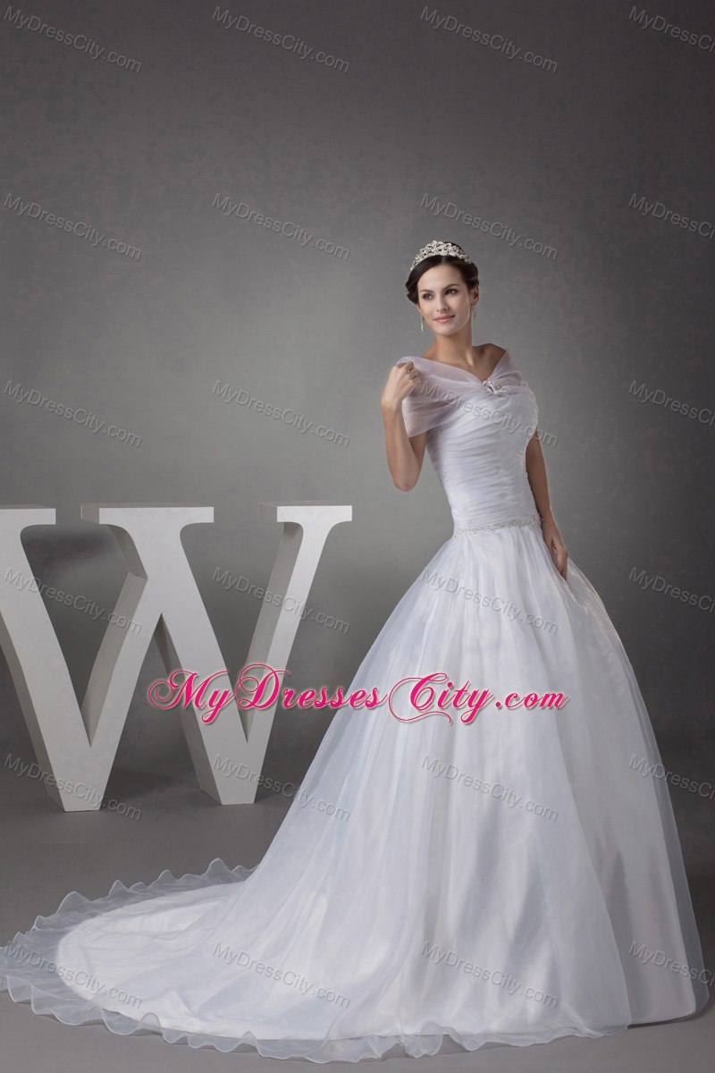 Off The Shoulder Court Train Appliques Ball Gown Wedding Dress