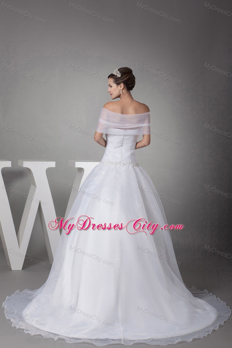 Off The Shoulder Court Train Appliques Ball Gown Wedding Dress