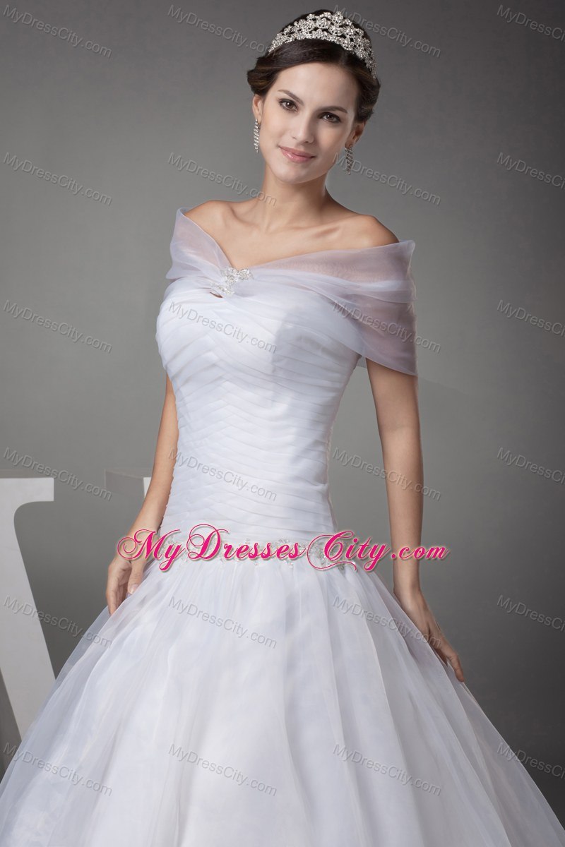 Off The Shoulder Court Train Appliques Ball Gown Wedding Dress