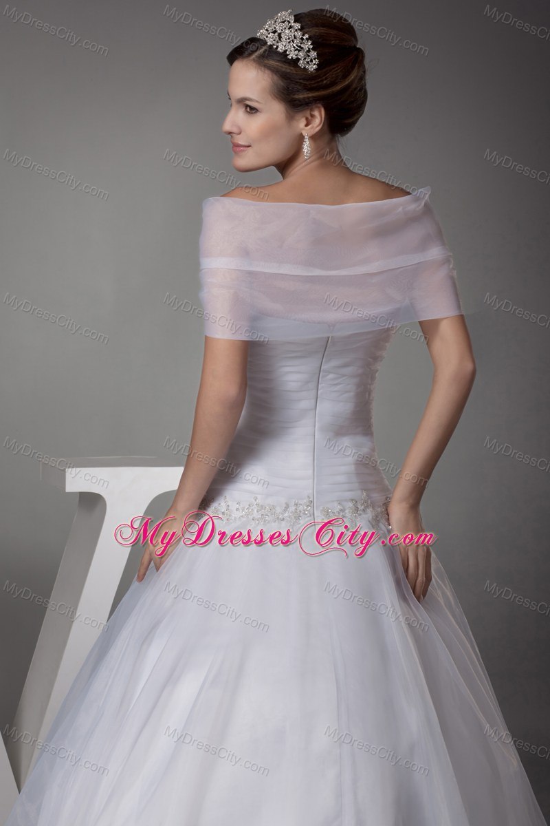 Off The Shoulder Court Train Appliques Ball Gown Wedding Dress