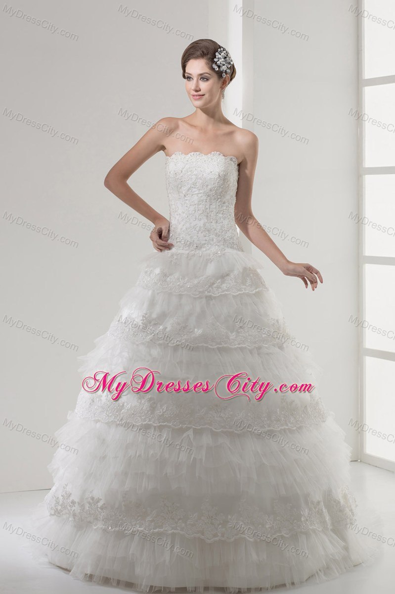 Lace Strapless A-line Wedding Dress With Ruffled Layers