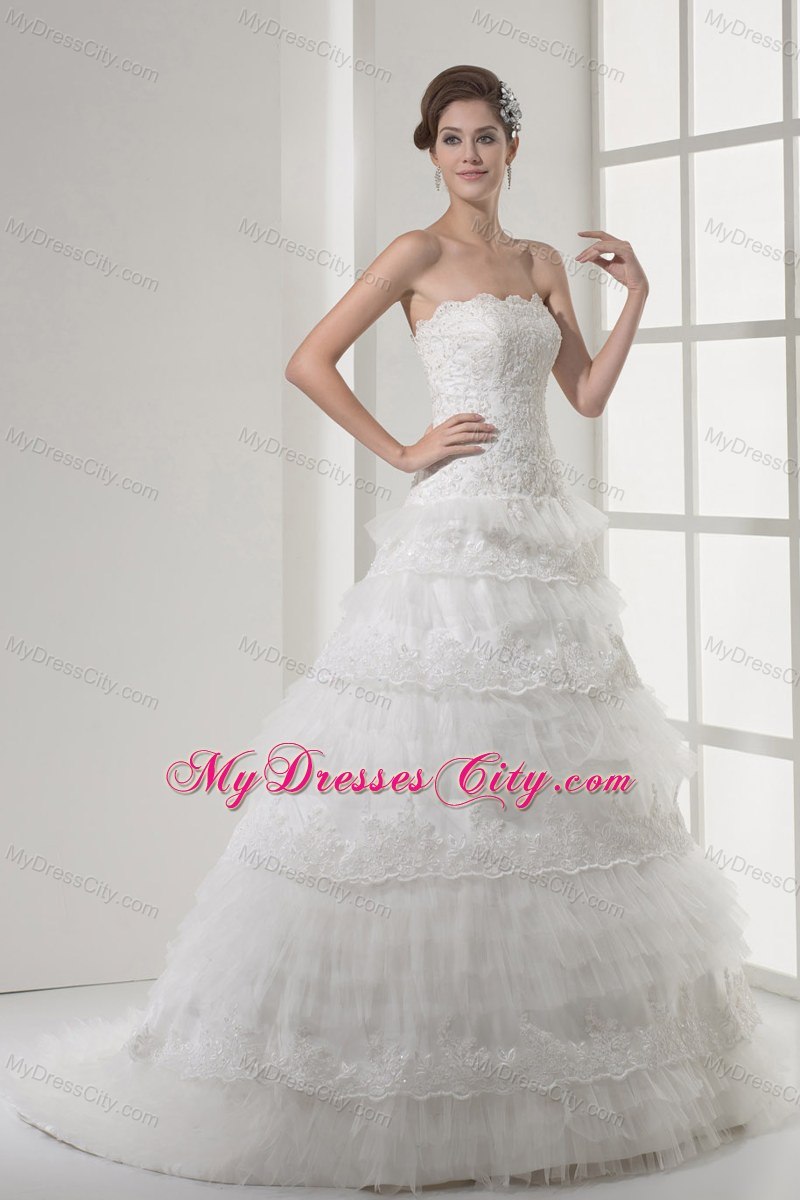 Lace Strapless A-line Wedding Dress With Ruffled Layers