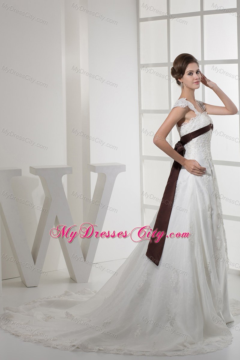 Square Neck Princess Lace Wedding Dress With Brown Sash