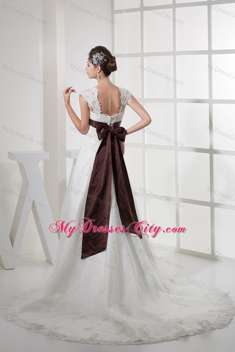 Square Neck Princess Lace Wedding Dress With Brown Sash