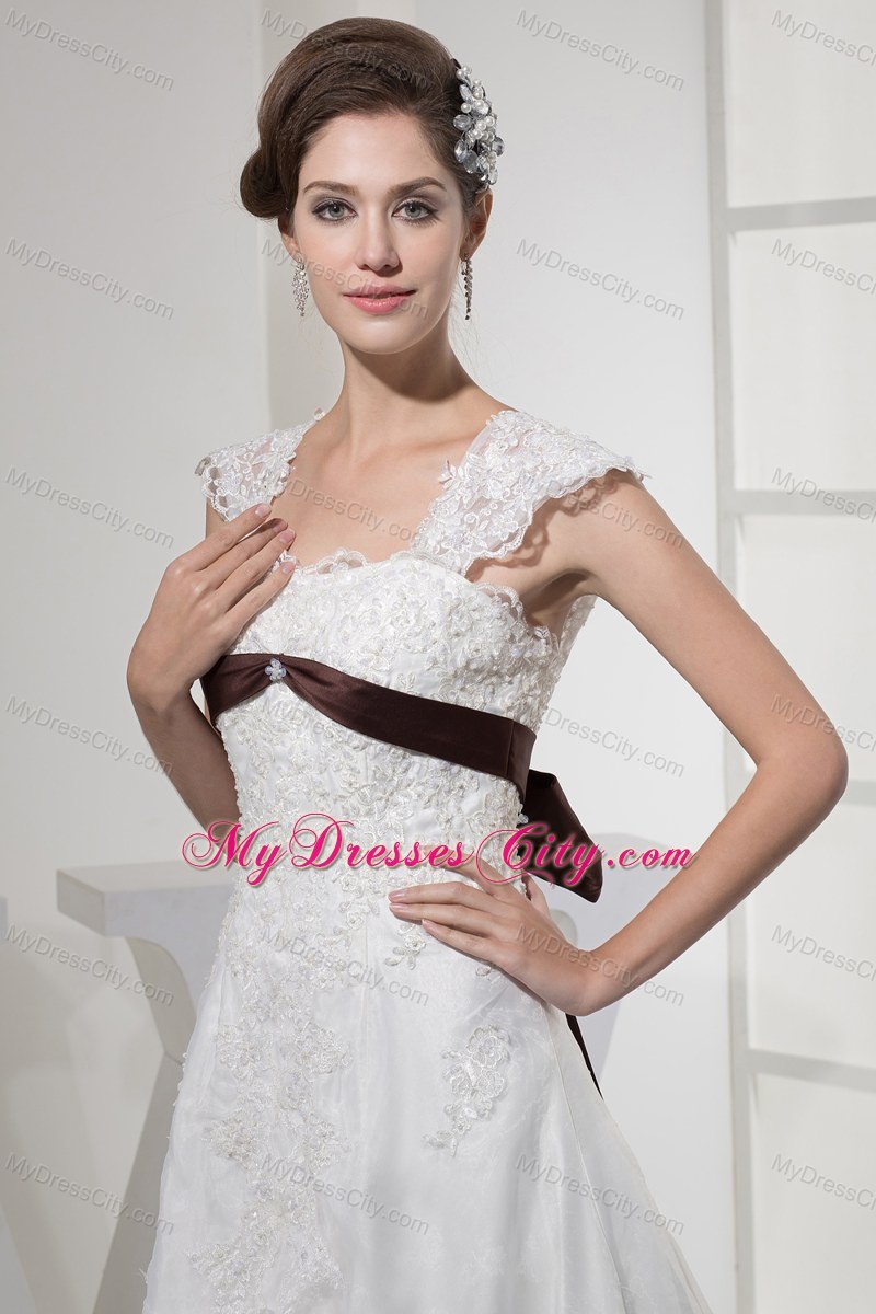 Square Neck Princess Lace Wedding Dress With Brown Sash