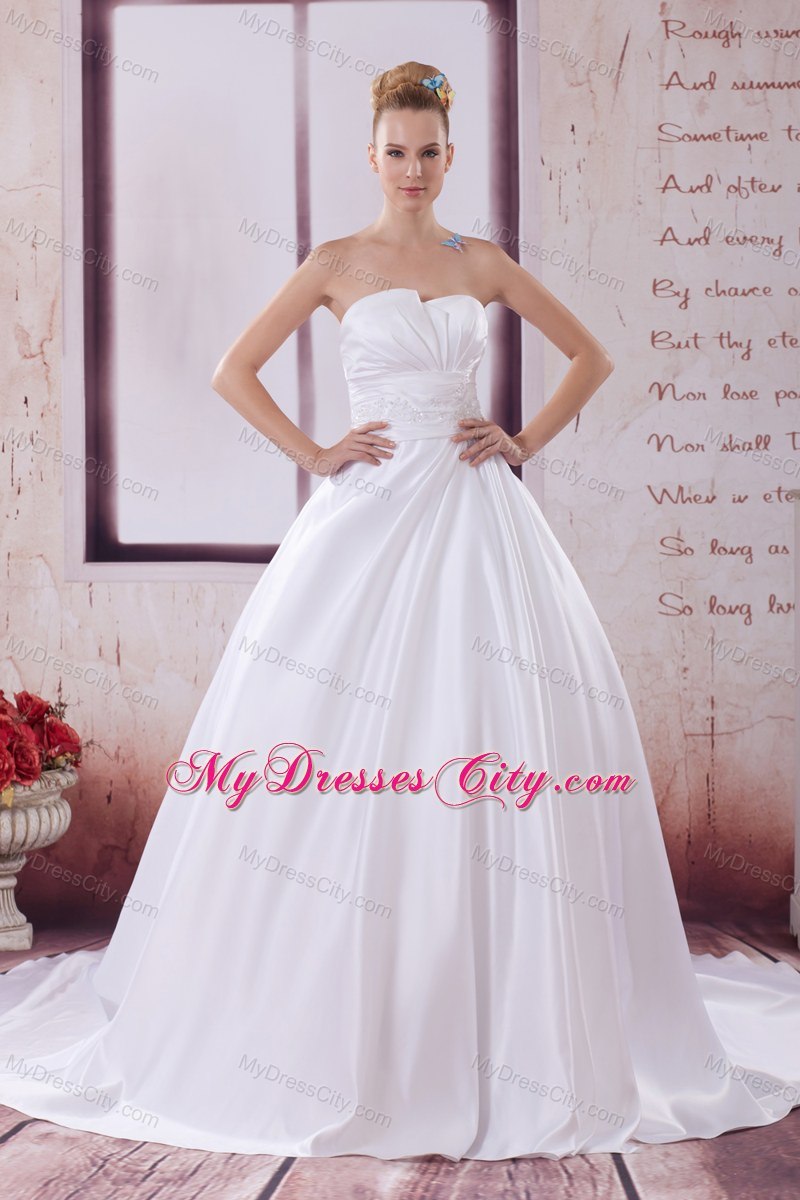 A-Line Strapless Appliques and Ruches Wedding Dress For Cheap