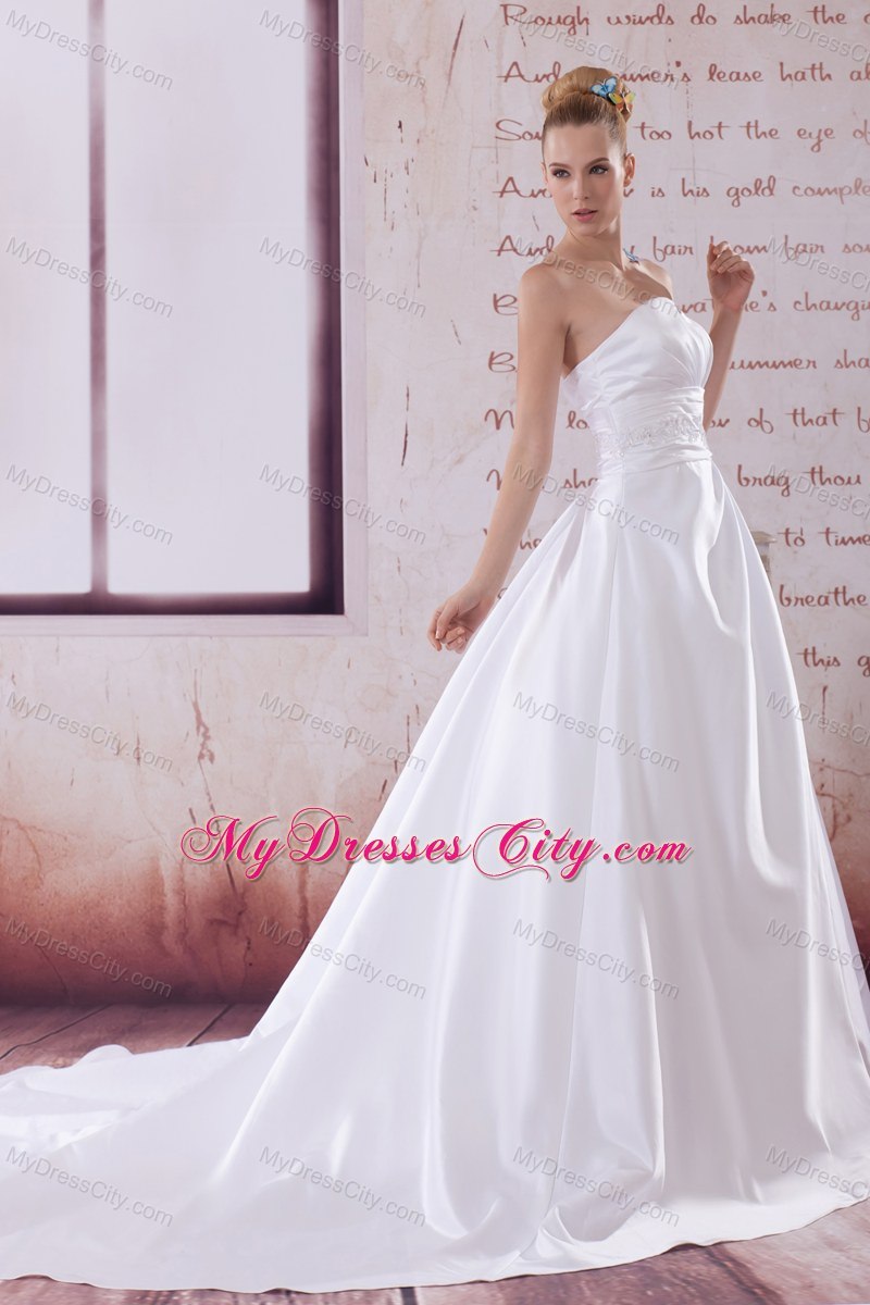 A-Line Strapless Appliques and Ruches Wedding Dress For Cheap