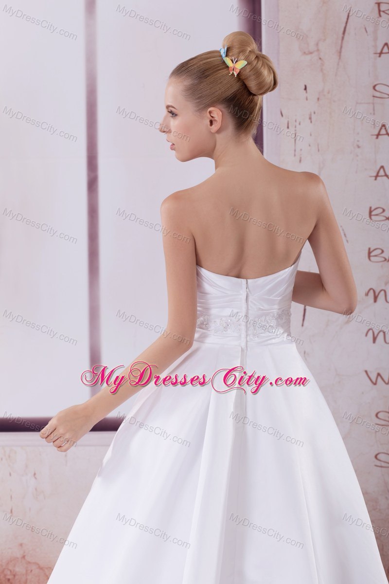 A-Line Strapless Appliques and Ruches Wedding Dress For Cheap