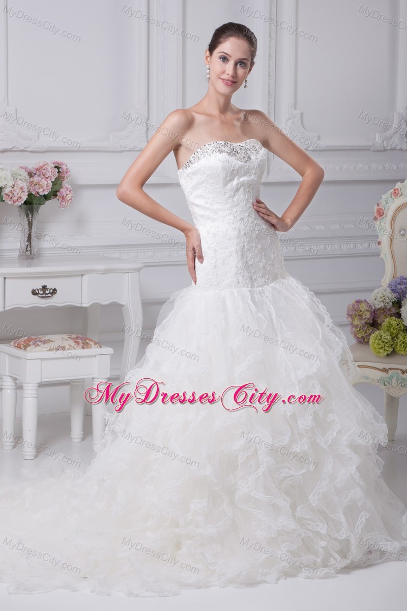 2013 Beading Appliques Mermaid Strapless Ruffles Wedding Dress