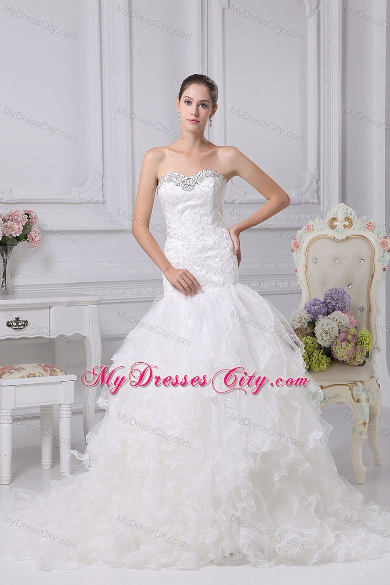 2013 Beading Appliques Mermaid Strapless Ruffles Wedding Dress