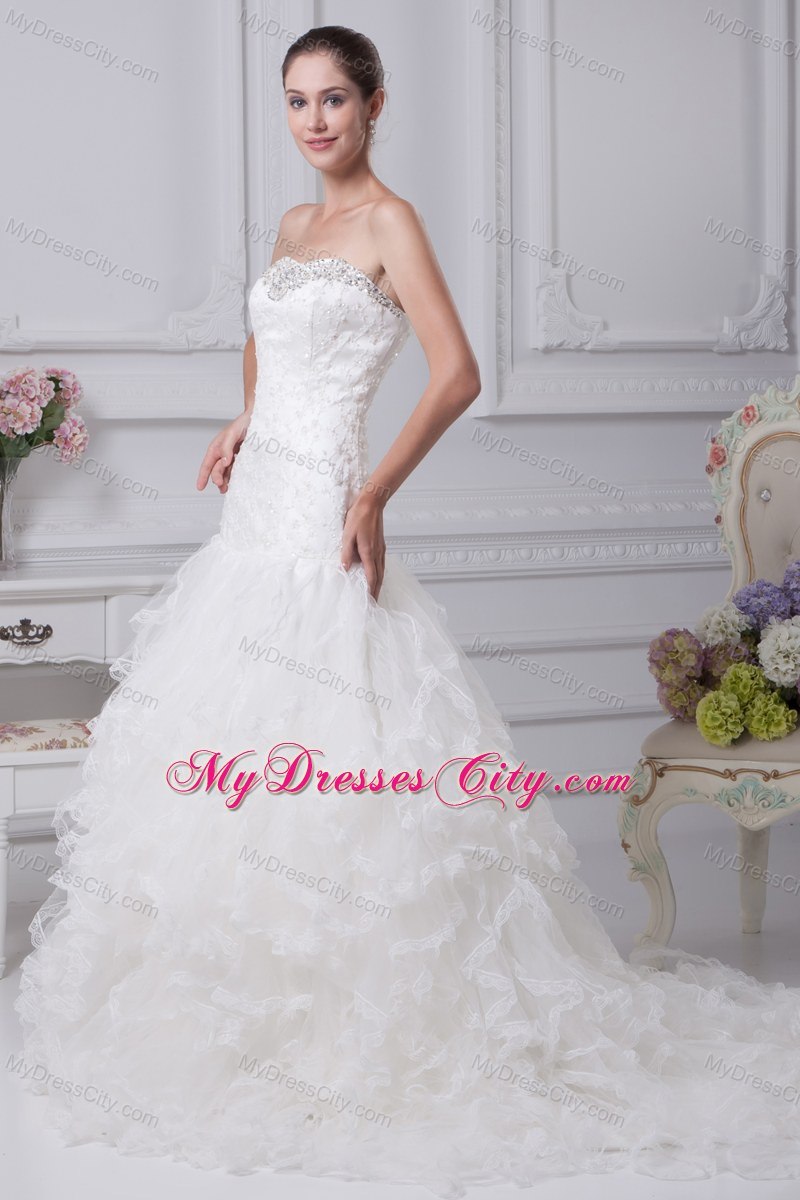 2013 Beading Appliques Mermaid Strapless Ruffles Wedding Dress