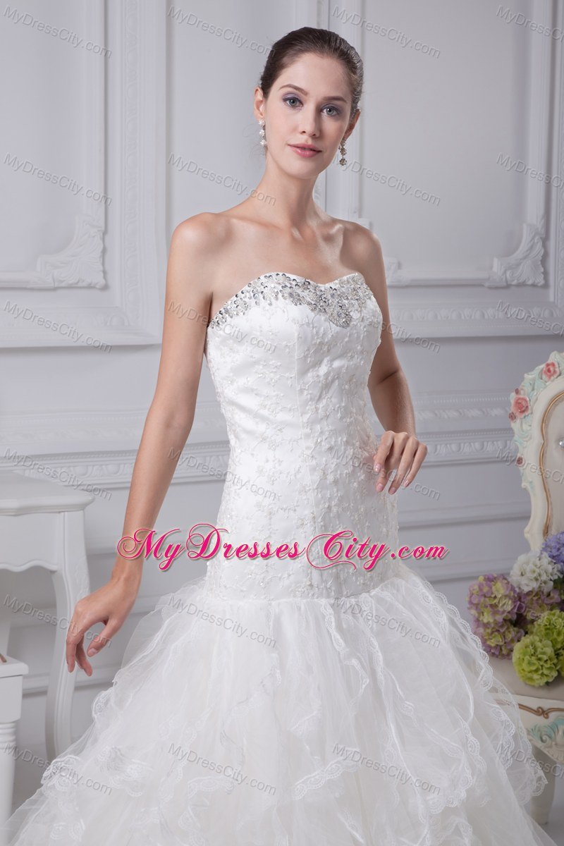 2013 Beading Appliques Mermaid Strapless Ruffles Wedding Dress