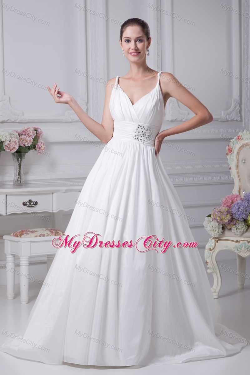 A-Line Straps Beading and Ruches Wedding Dress for Cheap