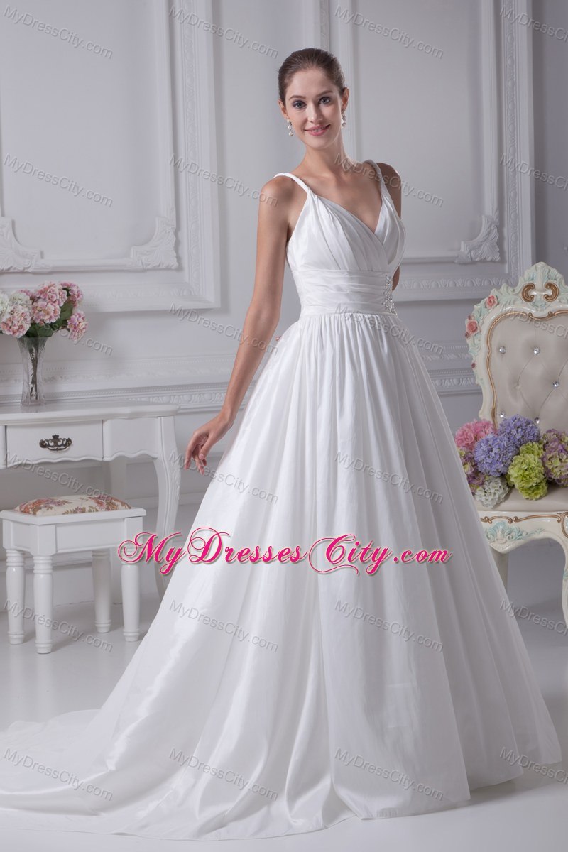 A-Line Straps Beading and Ruches Wedding Dress for Cheap