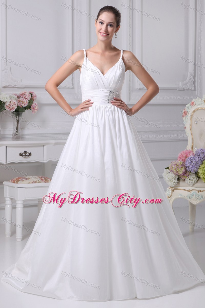 A-Line Straps Beading and Ruches Wedding Dress for Cheap