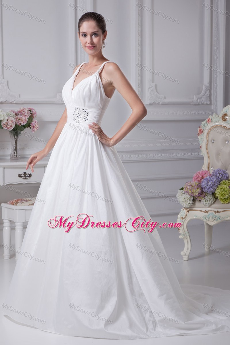 A-Line Straps Beading and Ruches Wedding Dress for Cheap