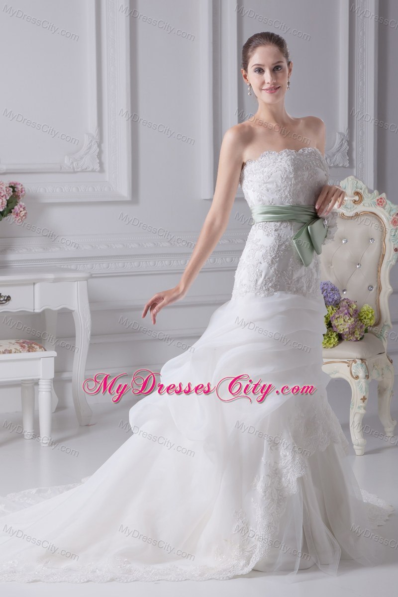 Mermaid Strapless Lace Pick-ups Wedding Dress with Sash