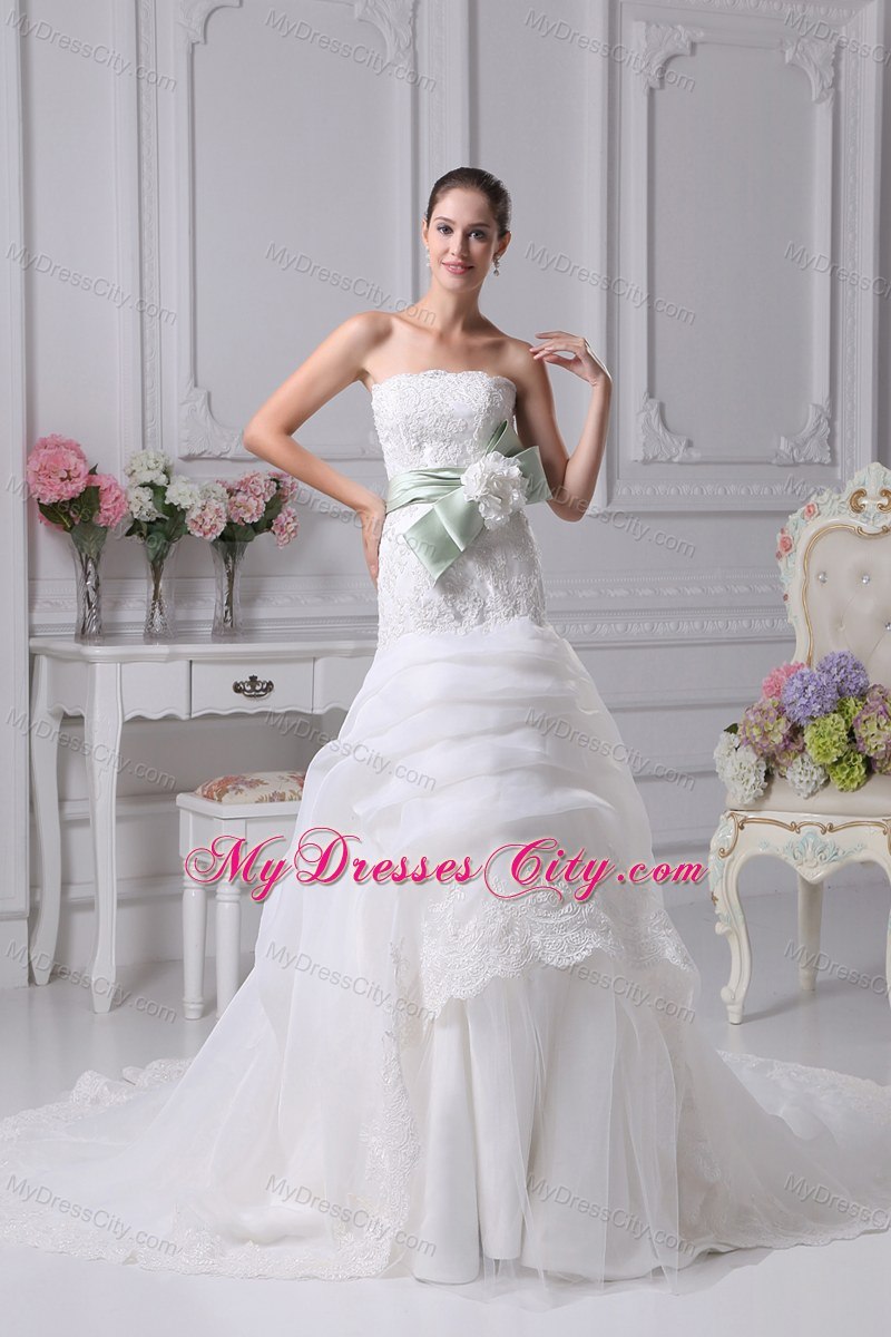 Mermaid Strapless Lace Pick-ups Wedding Dress with Sash